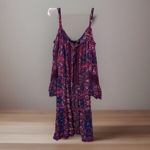 Lola P. Women’s Boho Peasant Dress Size LT – Purple Pink Paisley Print